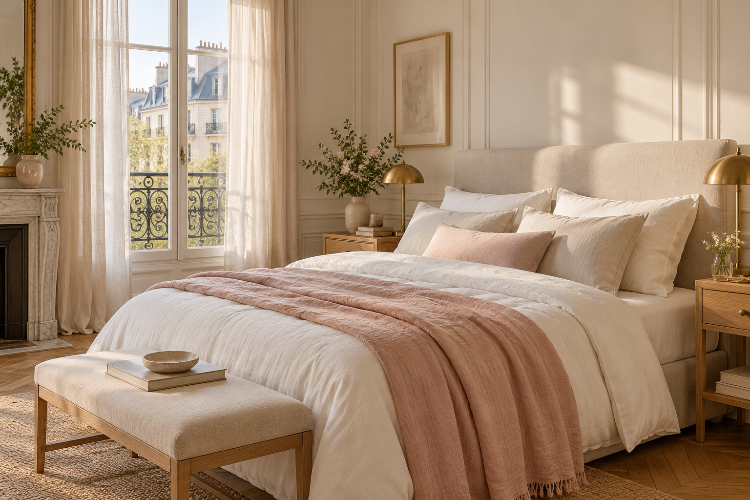 Chambre aux tons crème et rose clair — visuel d’ambiance
